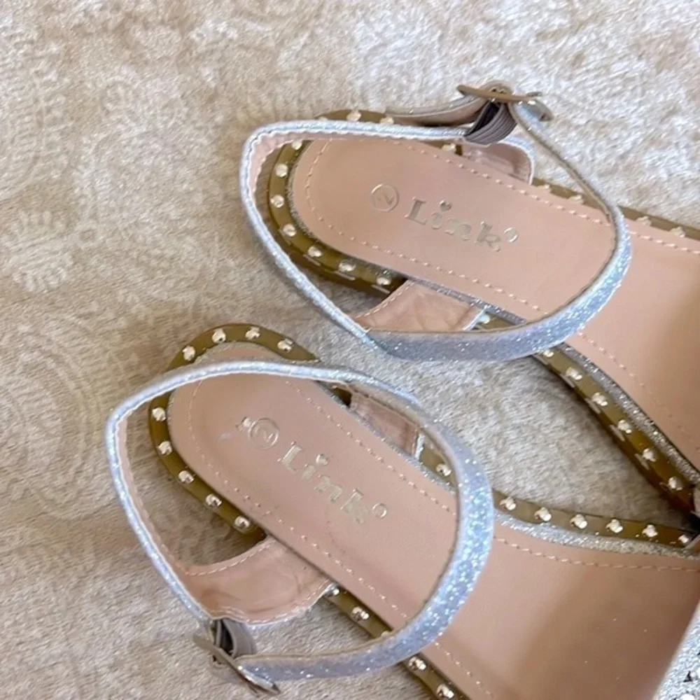 Brand New Link Silver Tone Beaded Embellished Sparkly Ankle Strap Buckle Sandals